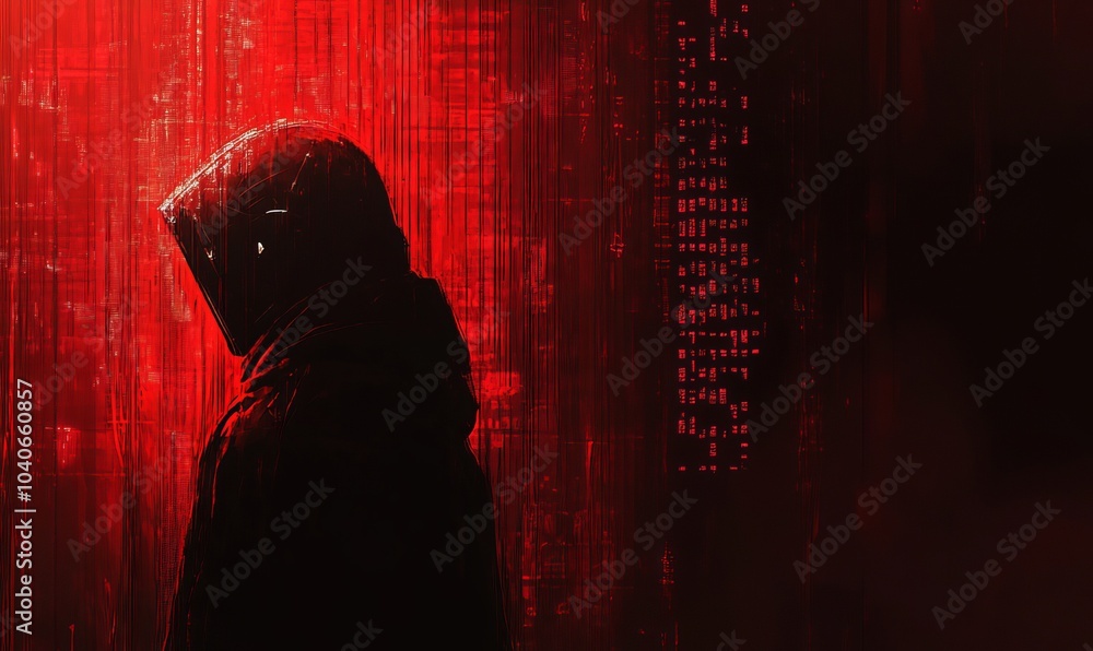 Poster a person that looks like a hacker. a slide background for showcasing cybersecurity.