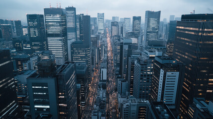 Obraz premium Modern city skyline with illuminated streets at dusk