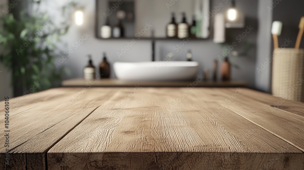 Poster 3d rendering of a wooden tabletop with a defocused bathroom sink counter in the background