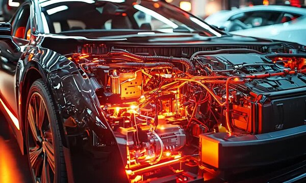 A futuristic car with illuminated internal components on display.