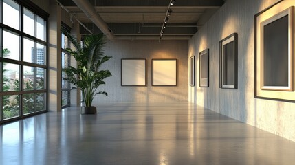 Fototapeta premium 3D rendering of a minimalist art exhibition space featuring an illuminated gallery with frames a concrete floor large windows and a plant