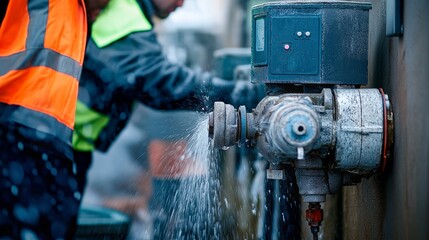 worker in protective uniform and helmet working on a gas tank with a gas pump.