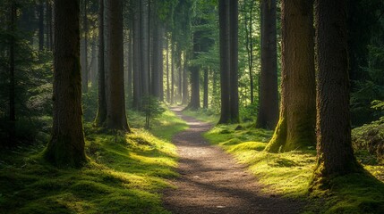 Fototapeta premium A sunlit path winds through a dense forest, with tall trees casting long shadows and mossy ground.