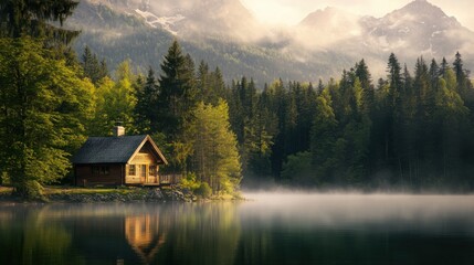 Fototapeta premium A tranquil lakeside retreat with a wooden cabin and misty mountains in the background, symbolizing peace and solitude in a natural setting, Lakeside cabin scene