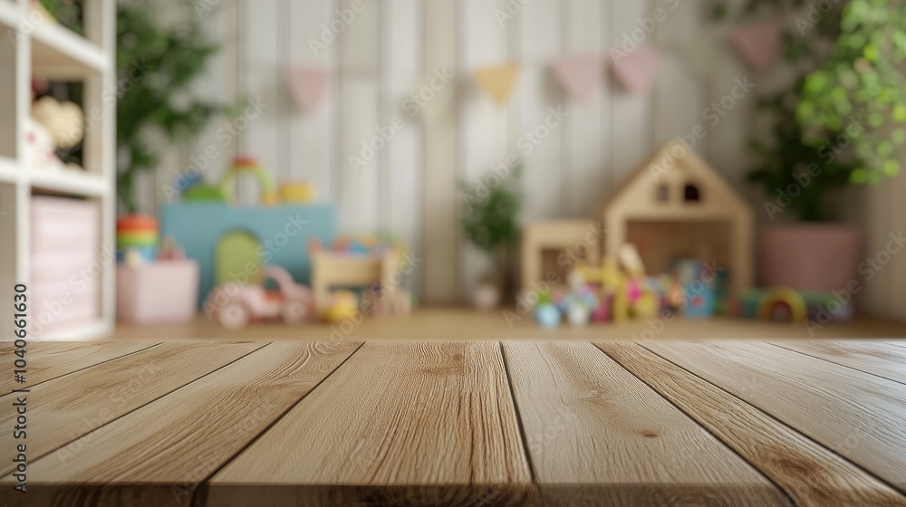 Poster 3d rendering of a wooden table with empty space above a blurred background of a children s room feat