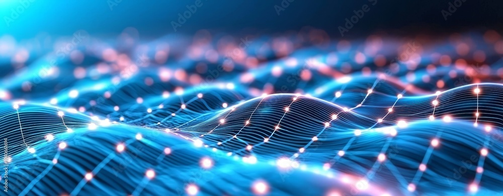 Poster dynamic particle flow on an abstract background. trendy fluid cover style.