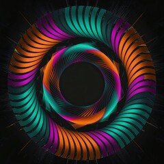 abstract illustration featuring a symmetrical circular pattern with a spiral design, with bright, intertwined arcs radiating from the center, gradient turquoise, purple, orange and yellow