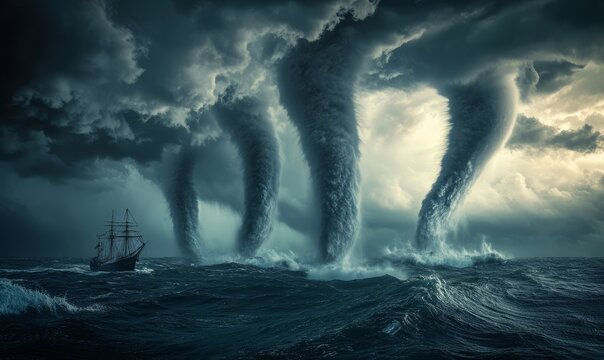 A dramatic storm with multiple waterspouts threatening a ship at sea during an ominous weather event