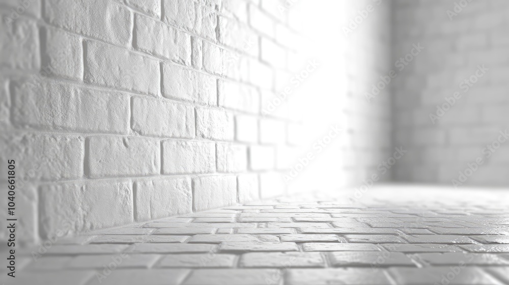 Poster 3d rendering of a corner with a white brick wall and floor featuring an abstract background