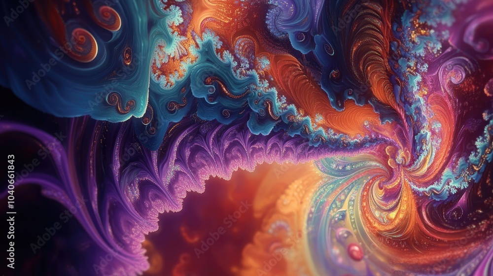 Poster vibrant and intricate fractal pattern rendered in stunning 4k showcasing a mesmerizing blend of colo