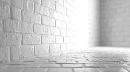 Fototapeta premium 3D rendering of a corner with a white brick wall and floor featuring an abstract background
