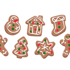 Seamless border made of gingerbread cookies. Pastel color hand drawn isolated illustrations on transparent background. Christmas cookies with snowman, house, xmas tree, snowflake and others.