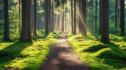 Fototapeta premium Sun rays illuminate a path through a dense forest, casting long shadows on the mossy ground.
