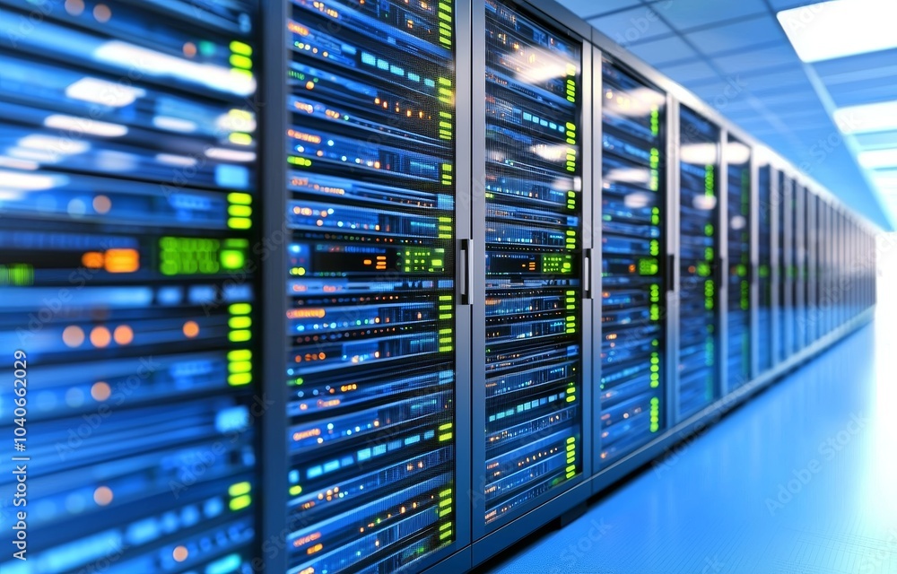 Poster an hd rendering of the servers room in the data center with bright bokeh light going through the cor
