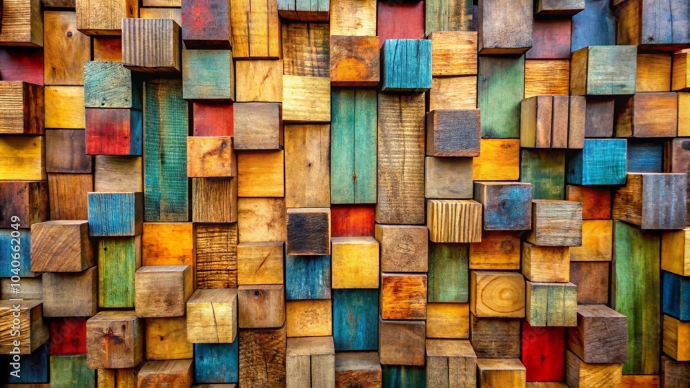 Poster wood aged art architecture texture abstract block stack on the wall for background, abstract colorfu