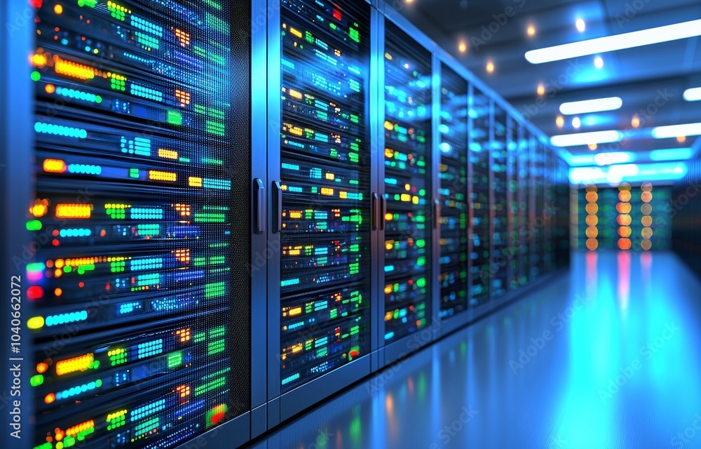 Poster a 3d rendering of a server room in a data center with bright bokeh light going through the corridor