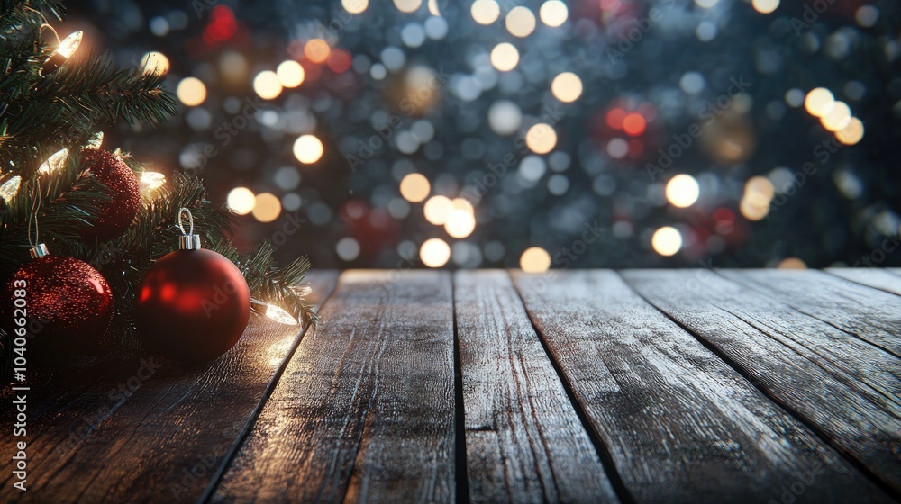 Poster glittering 3d rendering of a christmas holiday background featuring an empty wooden table in the for