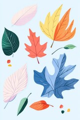 Illustration of a variety of colorful dried autumn leaves arranged in a flat lay design showcasing the beauty of fall