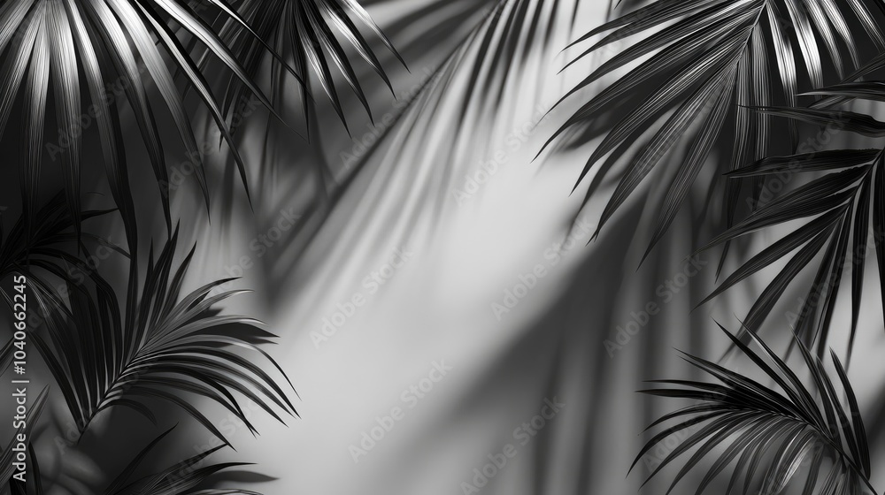 Poster 3d rendering of a monotone background wall featuring shadows of palm tree leaves