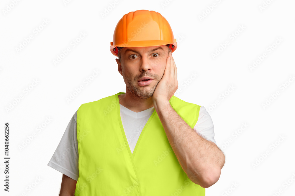 Poster Building Problems. Confused Construction Worker Touching Face Posing Looking At Camera In Shock Over White Studio Background.