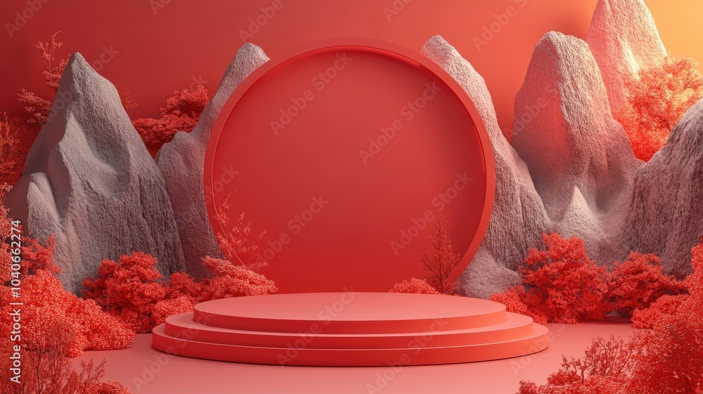Poster red stage podium decoration designed for product display 3d rendering