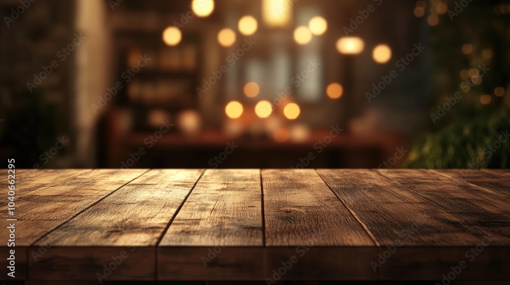 Poster 3d rendering of an empty wooden table with a blurred dining environment in the background