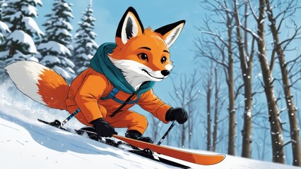 A playful fox skis down a snowy slope, embracing winter's adventure in a vibrant ski outfit