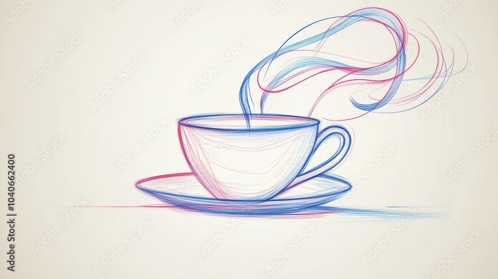 Poster a tea cup is elegantly drawn with a continuous line, featuring soft steam wafting upward, evoking wa