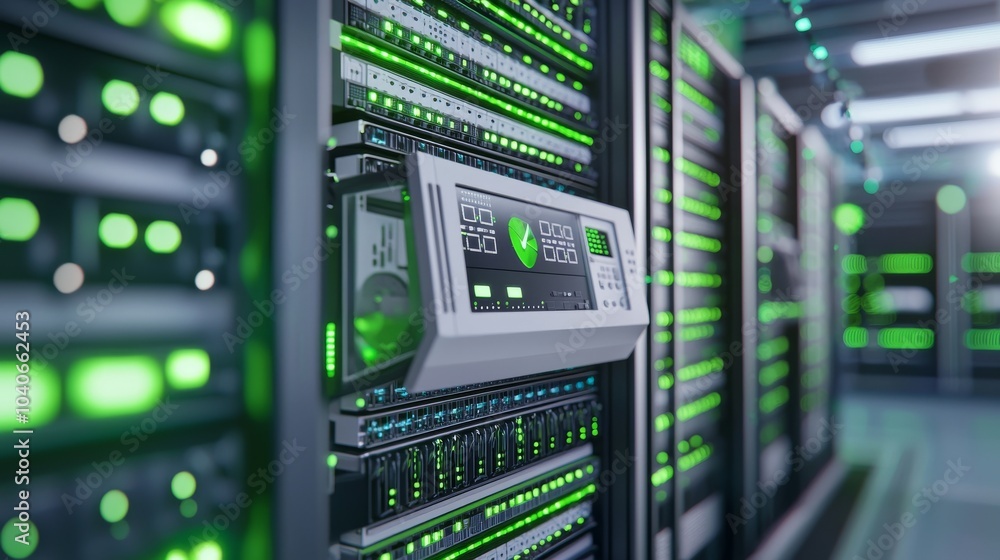 Poster in this seamless looped photorealistic 3d render animation, we observe server equipment with flicker