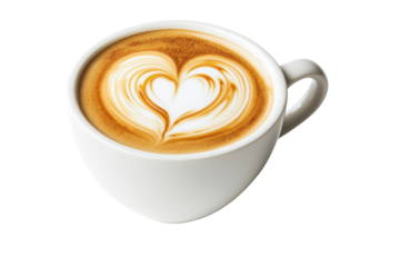 A beautifully crafted cup of coffee with intricate heart latte art, perfect for coffee lovers and cafe enthusiasts isolated on transparent background.
