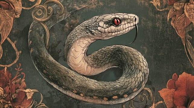 Gothic Mysteries Lenormand oracle deck card featuring a hand drawn snake An artistic illustration blending fantasy with mystic elements showcasing an occult and esoteric theme