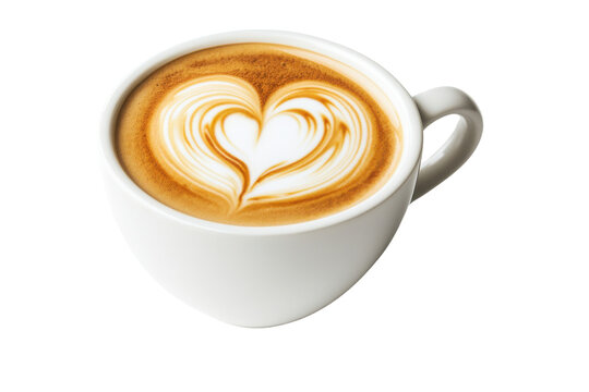 A beautifully crafted cup of coffee with intricate heart latte art, perfect for coffee lovers and cafe enthusiasts isolated on transparent background.
