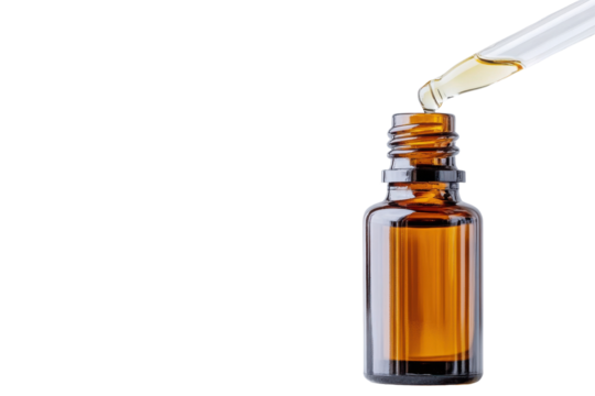 A close-up of an amber glass bottle with a dropper, showcasing essential oil extraction and natural skincare products isolated on transparent background.