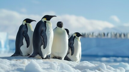 Fototapeta premium A group of emperor penguins huddling together on the Antarctic ice, surrounded by a snowy expanse and icy blue waters in the distance