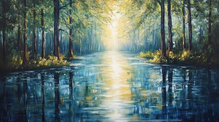 Fototapeta premium Oil painting showcasing trees mirrored in a serene pond emphasizing the beauty of nature and reflections