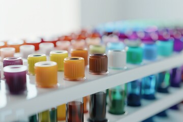 Rainbow Laboratory Test Tubes, Blurred Background, Color Laboratory Test Tubes on Rack, Research Lab