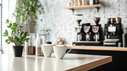 A trendy coffee shop with a minimalist interior, a sleek counter, and artisanal coffee cups