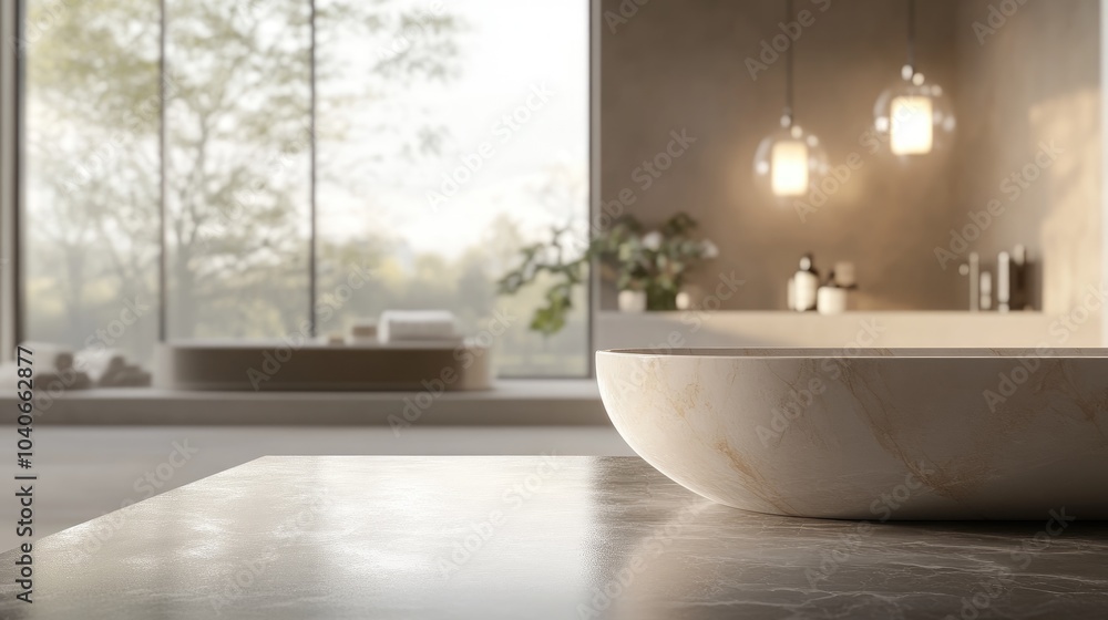 Aufkleber 3d rendering of an empty marble top table with a blurred bathroom interior background ideal for prod