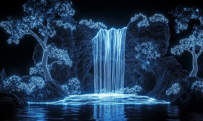 Neon wireframe of mystical forest with waterfall isolated on black background