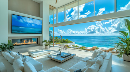 Luxury beach house living room, ocean view home residential property, stylish art deco furniture, sleek minimalist interior, large window, coastline scenic landscape. Modern architecture holiday house