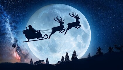 夜空を飛ぶサンタクロースとトナカイたちのシルエットが、満月の前に浮かび上がる