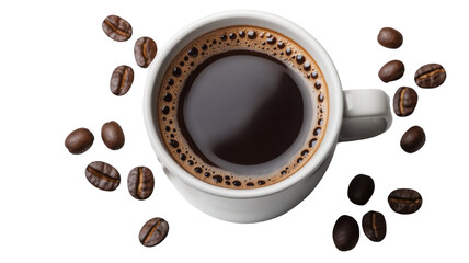 Obraz premium A steaming cup of coffee surrounded by fresh coffee beans, perfect for morning rituals or cozy gatherings isolated on transparent background.