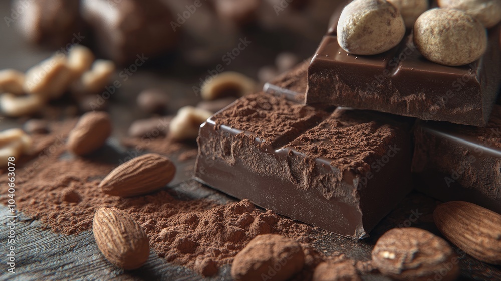 Poster 3d rendering of chocolate bars with nuts and cocoa powder