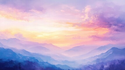 Fototapeta premium Oil painting depicting a mountain landscape at sunrise with a cloudy sky in soft pastel shades ideal for various design applications