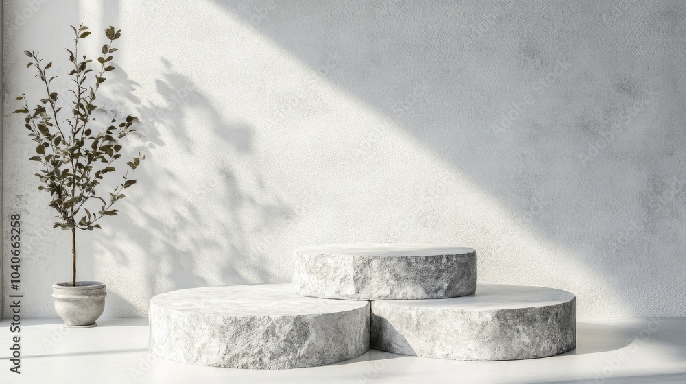 Poster rough stone slab podium on a white concrete floor featuring textured blocks for object display in a 