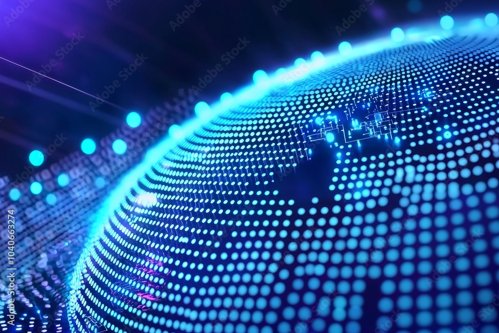 Poster illustration of an abstract graphic world map on a blue background, illustrating big data and networ