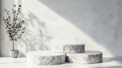 Rough stone slab podium on a white concrete floor featuring textured blocks for object display in a 3D rendering