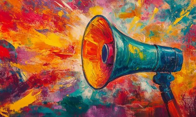 Megaphone, vibrant art and freedom of expression. Colorful, dynamic and energetic communication through art for liberty, creativity and social change. Inspiring visual message for a diverse audience