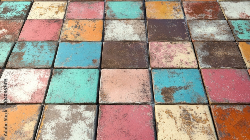 Poster 3D rendering of an aged rustic background featuring colorful wall or floor tiles with weathered paint