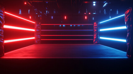 A lit up boxing ring with red and blue neon lights election political presidential fight debate